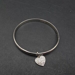 Coach Silver Tone Pavé Crystal Heart Charm Bangle Bracelet 2.5" diameter